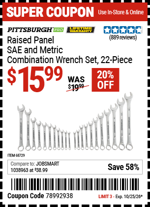 www.hfqpdb.com - PITTSBURGH PRO RAISED PANEL SAE AND METRIC COMBINATION WRENCH SET, 22-PIECE Lot No. 68729
