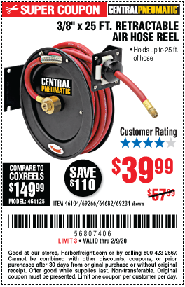 Central Pneumatic 3/8 in. x 25 ft. Retractable Air Hose Reel