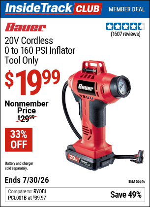 www.hfqpdb.com - BAUER 20V CORDLESS, 0 TO 160 PSI INFLATOR &ndash; TOOL ONLY Lot No. 56546