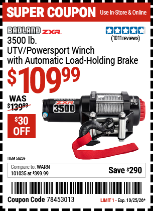 Harbor Freight BADLAND ZXR 3500 LB. UTV/POWERSPORT WINCH WITH AUTOMATIC LOAD-HOLDING BRAKE coupon