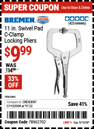 www.hfqpdb.com - BREMEN 11 IN. SWIVEL PAD C-CLAMP LOCKING PLIERS Lot No. 63865