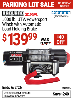 Harbor Freight BADLAND ZXR 5000 LB. UTV/POWERSPORT WINCH WITH AUTOMATIC LOAD-HOLDING BRAKE coupon