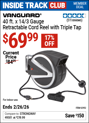 Harbor Freight VANGUARD 40 FT. X 14/3 GAUGE RETRACTABLE CORD REEL WITH TRIPLE TAP, BLACK coupon