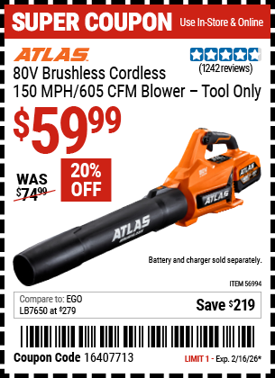 Harbor Freight ATLAS 80V BRUSHLESS CORDLESS, 150 MPH/605 CFM BLOWER – TOOL ONLY coupon