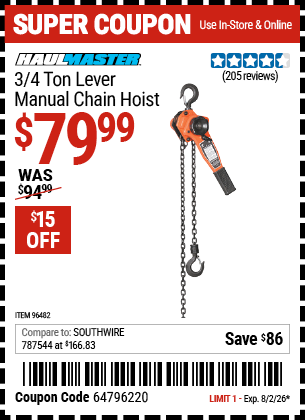 www.hfqpdb.com - HAUL-MASTER 3/4 TON LEVER MANUAL CHAIN HOIST Lot No. 96482