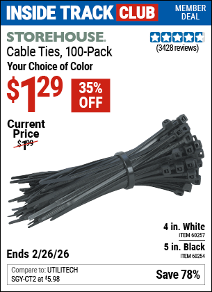 www.hfqpdb.com - STOREHOUSE 5 IN. UV-RESISTANT BLACK CABLE TIES, 100-PACK Lot No. 60254/60257