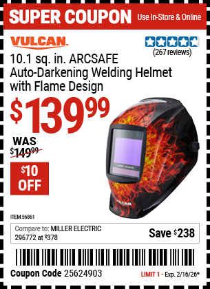 Harbor Freight VULCAN 10.1 SQ. IN. ARCSAFE AUTO-DARKENING WELDING HELMET WITH FLAME DESIGN coupon
