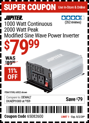 www.hfqpdb.com - JUPITER 1000 WATT CONTINUOUS/2000 WATT PEAK MODIFIED SINE WAVE POWER INVERTER Lot No. 63522/57358