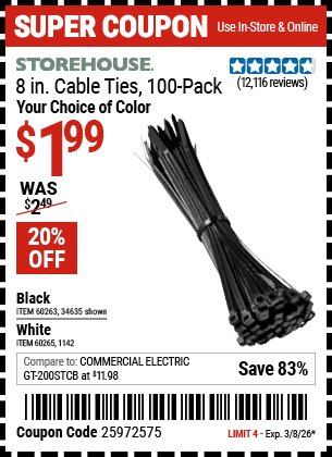www.hfqpdb.com - STOREHOUSE 8 IN. CABLE TIES, 100-PACK Lot No. 1142/60265/34635/60263