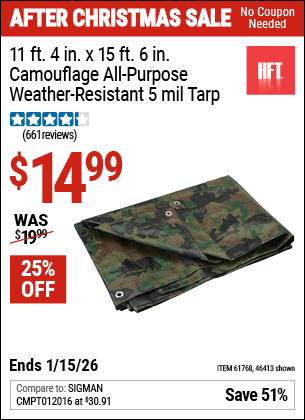 www.hfqpdb.com - HFT 11 FT. 4 IN. X 15 FT. 6 IN. CAMOUFLAGE ALL-PURPOSE/WEATHER-RESISTANT 5 MIL TARP Lot No. 46413/61768