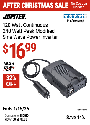 Harbor Freight JUPITER 120 WATT CONTINUOUS/240 WATT PEAK MODIFIED SINE WAVE POWER INVERTER coupon