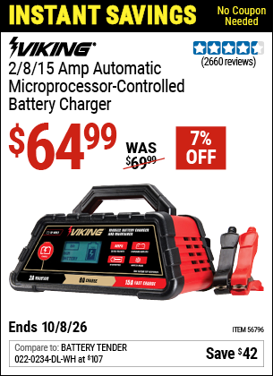 www.hfqpdb.com - VIKING 2/8/15 AMP AUTOMATIC MICROPROCESSOR-CONTROLLED BATTERY CHARGER Lot No. 56796