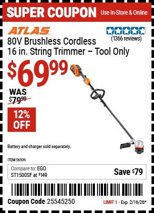 Harbor Freight ATLAS 80V BRUSHLESS CORDLESS, 16 IN. STRING TRIMMER – TOOL ONLY coupon