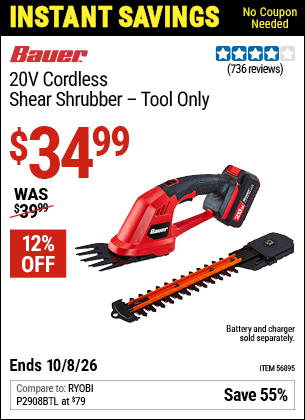 www.hfqpdb.com - BAUER 20V CORDLESS SHEAR SHRUBBER &ndash; TOOL ONLY Lot No. 56895