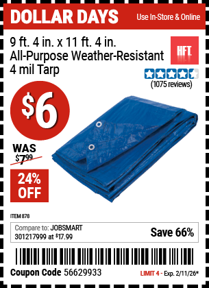 Harbor Freight HFT 9 FT. 4 IN. X 11 FT. 4 IN. BLUE ALL-PURPOSE WEATHER-RESISTANT 4 MIL TARP coupon