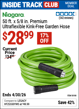 Harbor Freight NIAGARA 50 FT. X 5/8 IN. PREMIUM ULTRAFLEXIBLE KINK-FREE GARDEN HOSE coupon