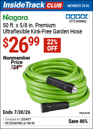 Harbor Freight NIAGARA 50 FT. X 5/8 IN. PREMIUM ULTRAFLEXIBLE KINK-FREE GARDEN HOSE coupon