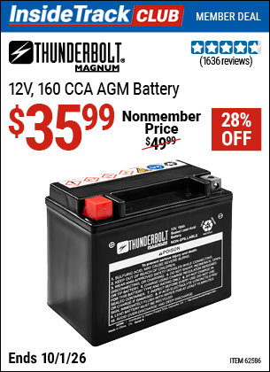 www.hfqpdb.com - THUNDERBOLT MAGNUM 12V, 160 CCA AGM BATTERY Lot No. 62586