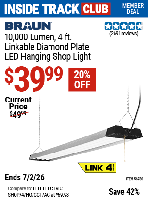 www.hfqpdb.com - BRAUN 10,000 LUMEN, 4 FT. LINKABLE DIAMOND PLATE LED HANGING SHOP LIGHT Lot No. 56780