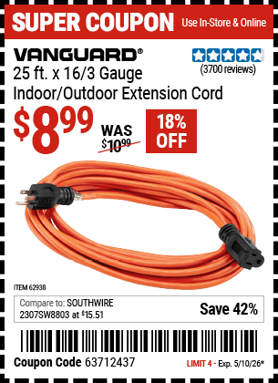 www.hfqpdb.com - VANGUARD 25 FT. X 16/3 GAUGE INDOOR/OUTDOOR EXTENSION CORD, ORANGE Lot No. 62938