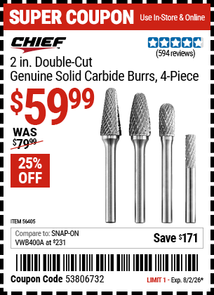 www.hfqpdb.com - CHIEF 2 IN. DOUBLE-CUT GENUINE SOLID CARBIDE BURRS, 4-PIECE Lot No. 56405
