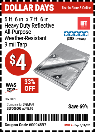www.hfqpdb.com - HFT 5 FT. 6 IN. X 7 FT. 6 IN. HEAVY DUTY REFLECTIVE ALL-PURPOSE WEATHER-RESISTANT 9 MIL TARP Lot No. 30871