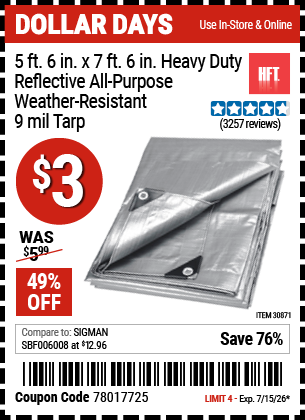 www.hfqpdb.com - HFT 5 FT. 6 IN. X 7 FT. 6 IN. HEAVY DUTY REFLECTIVE ALL-PURPOSE WEATHER-RESISTANT 9 MIL TARP Lot No. 30871
