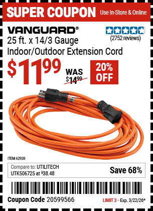 www.hfqpdb.com - VANGUARD 25 FT. X 14/3 GAUGE INDOOR/OUTDOOR EXTENSION CORD, ORANGE Lot No. 62920