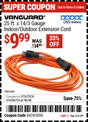 www.hfqpdb.com - VANGUARD 25 FT. X 14/3 GAUGE INDOOR/OUTDOOR EXTENSION CORD, ORANGE Lot No. 62920