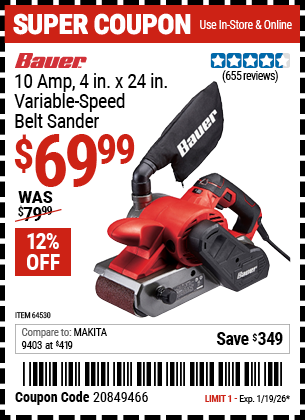 Harbor Freight BAUER 10 AMP, 4 IN. X 24 IN. VARIABLE-SPEED BELT SANDER coupon