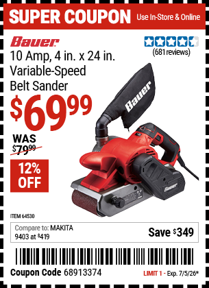 Harbor Freight BAUER 10 AMP, 4 IN. X 24 IN. VARIABLE-SPEED BELT SANDER coupon