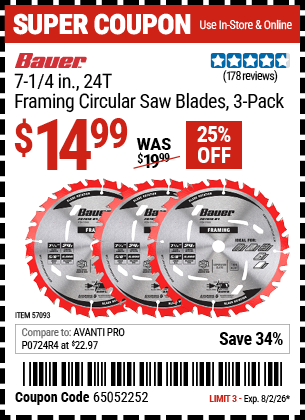 www.hfqpdb.com - BAUER 7-1/4 IN., 24T FRAMING CIRCULAR SAW BLADE, 3-PACK Lot No. 57093