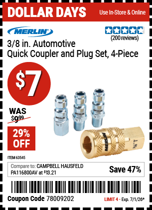 www.hfqpdb.com - MERLIN 3/8 IN. AUTOMOTIVE QUICK COUPLER AND PLUG SET, 4-PIECE Lot No. 63545
