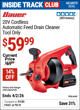 www.hfqpdb.com - BAUER 20V CORDLESS AUTOMATIC FEED DRAIN CLEANER Lot No. 64483