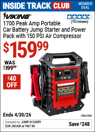 www.hfqpdb.com - VIKING 1700 PEAK AMP PORTABLE CAR BATTERY JUMP STARTER AND POWER PACK WITH 150 PSI AIR COMPRESSOR Lot No. 57085