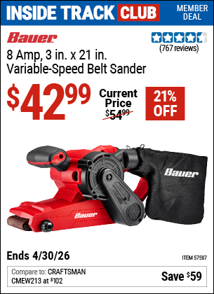 www.hfqpdb.com - BAUER 8 AMP, 3 IN. X 21 IN. VARIABLE-SPEED BELT SANDER Lot No. 57587