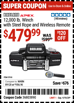 Harbor Freight BADLAND APEX 12,000 LB. WINCH WITH STEEL ROPE AND WIRELESS REMOTE coupon