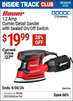 Harbor Freight BAUER 1.2 AMP CORNER/DETAIL SANDER WITH SEALED ON/OFF SWITCH coupon