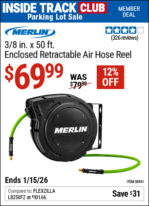Harbor Freight MERLIN 3/8 IN. X 50 FT. ENCLOSED RETRACTABLE AIR HOSE REEL coupon