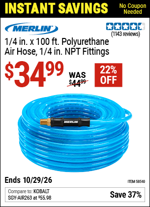 www.hfqpdb.com - MERLIN 1/4 IN. X 100 FT. POLYURETHANE AIR HOSE, 1/4 IN. NPT FITTINGS Lot No. 58540