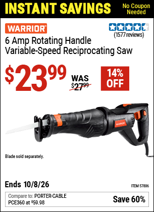 www.hfqpdb.com - WARRIOR 6 AMP ROTATING HANDLE VARIABLE-SPEED RECIPROCATING SAW Lot No. 57806