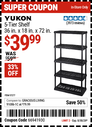 Harbor Freight YUKON 5-TIER SHELF, 36 IN. X 18 IN. X 72 IN. coupon