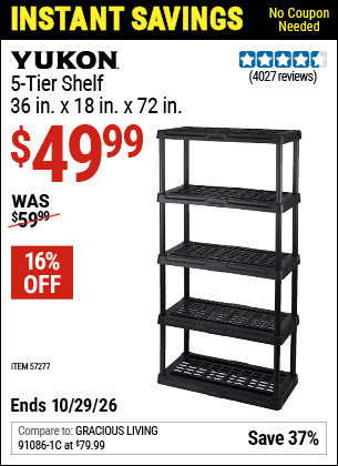 Harbor Freight YUKON 5-TIER SHELF, 36 IN. X 18 IN. X 72 IN. coupon