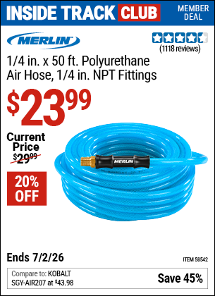 www.hfqpdb.com - MERLIN 1/4 IN. X 50 FT. POLYURETHANE AIR HOSE, 1/4 IN. NPT FITTINGS Lot No. 58542