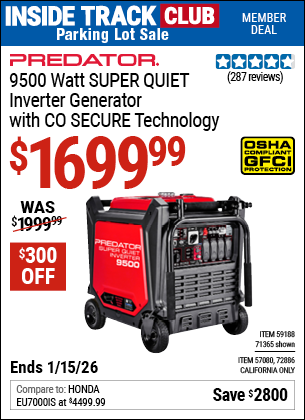 Harbor Freight PREDATOR 9500 WATT SUPER QUIET INVERTER GENERATOR WITH CO SECURE TECHNOLOGY coupon