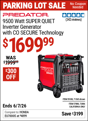 Harbor Freight PREDATOR 9500 WATT SUPER QUIET INVERTER GENERATOR WITH CO SECURE TECHNOLOGY coupon