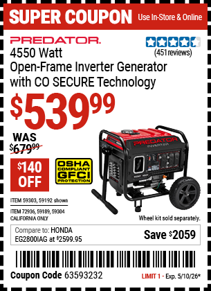 www.hfqpdb.com - PREDATOR 4550 WATT OPEN-FRAME INVERTER GENERATOR WITH CO SECURE TECHNOLOGY Lot No. 59192/59189/59303/59304/72936