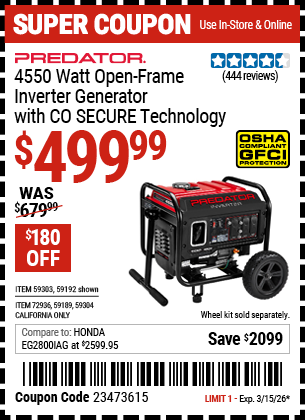 www.hfqpdb.com - PREDATOR 4550 WATT OPEN-FRAME INVERTER GENERATOR WITH CO SECURE TECHNOLOGY, 49-STATE COMPLIANT Lot No. 59192/59189/59303/59304/72936