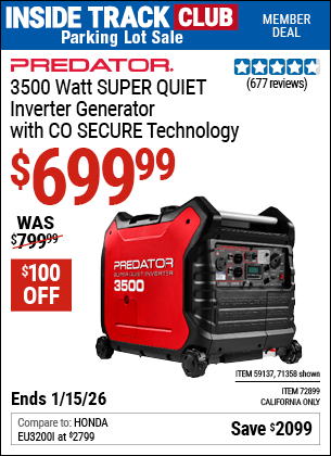 Harbor Freight PREDATOR 3500 WATT SUPER QUIET INVERTER GENERATOR WITH CO SECURE TECHNOLOGY coupon