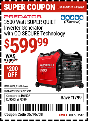 Harbor Freight PREDATOR 3500 WATT SUPER QUIET INVERTER GENERATOR WITH CO SECURE TECHNOLOGY coupon